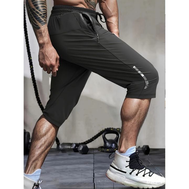 Men's Summer Casual Sports Shorts High Elastic Waist Drawstring Cropped Pants Seven Running Basketball Beach Sweatsuit Black