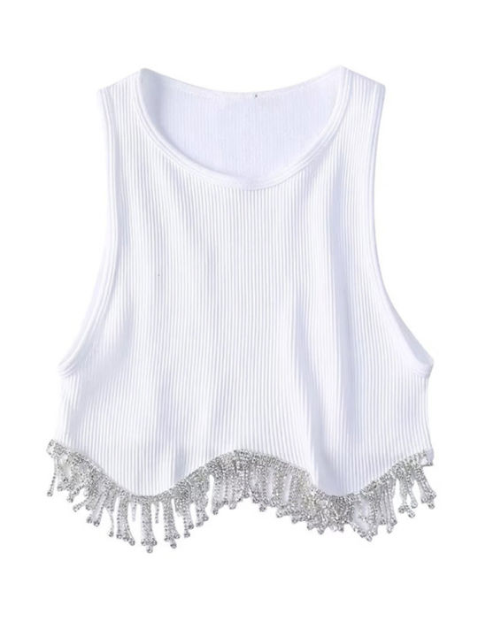 High Street Hem Tassel Diamond Beading Knitting T Shirt Chic Short Camis Tank Lady Slim Crop Vest Tops