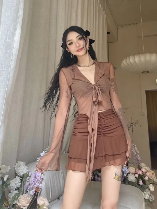 Long%20Flare%20Sleeve%20Blouses%20for%20Women%20Lace-up%20Mesh%20%20Sweet%20Hot%20Girls%20Korean%20Fashion%20Style%20All-match%20Solid%20Design%20Elegant%20Casual%20-%20Image%202
