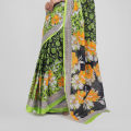 Bright Orange & White Floral Print on Olive Green Body | Digital Printed Saree | Contrast Aanchal & Border. 