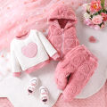 Three Piece Set of Fashionable and Casual Jacquard Love Plush Hooded Vest and Love Plush Top and Pants Set for Baby Girls.