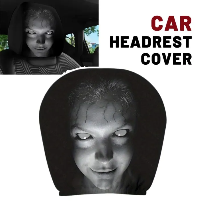 2Pcs Halloween Car Headrest Cover Black Horror Skull Printed Head Rest Cover Elastic Funny Seat Head Pillowcase Car Decor