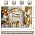 Multi functional Happy Birthday banner, paired with gold and white balloons and a large bow.