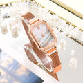 Women Watches Fashion Square Ladies Quartz Watch Bracelet Set Green Dial Simple Rose Gold Mesh Luxury Women Watches. 
