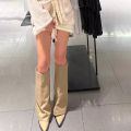 Women Pointed Toe High Boots Fashion Mid Heels Shoes Woman Chunky Trend Chelsea Boots Pumps Elegant Mujer Snow Goth Botas.