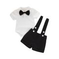 Mini Gentleman Outfit Newborn Baby Boy Formal Costumes Short Sleeve Shirt With Bow + Romper Short Pants Summer Fashion 2 Pcs Set.