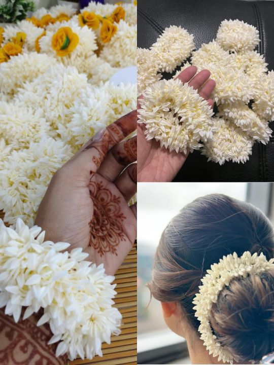 Mogra Gajra Hair Accessories for Women & Girls - Hair Flower Bun Artificial Fake Gajra Scrunchies Rubber Band to Wear on Wedding