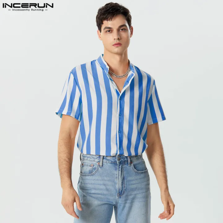 INCERUN Man Stylish Button Blouse Summer Casual Tops Masculina Fashion Striped Men's Shirts Short Sleeve Stand Collar Shirts 5XL