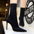 Women 7.5cm 10cm High Heels Silk Sock Boots Green Low Heels Short Ankle Boots Lady Stripper Winter Pointed Toe Satin  Shoes. 