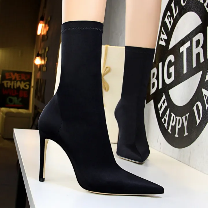 Women%207.5cm%2010cm%20High%20Heels%20Silk%20Sock%20Boots%20Green%20Low%20Heels%20Short%20Ankle%20Boots%20Lady%20Stripper%20Winter%20Pointed%20Toe%20Satin%20%20Shoes%20-%20Image%203