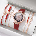 6PCS/Set Fashion Heart Dial Women's Watch Casual Leather Band Analog Quartz Watch Leaf Bracelets Set（Without Box）. 