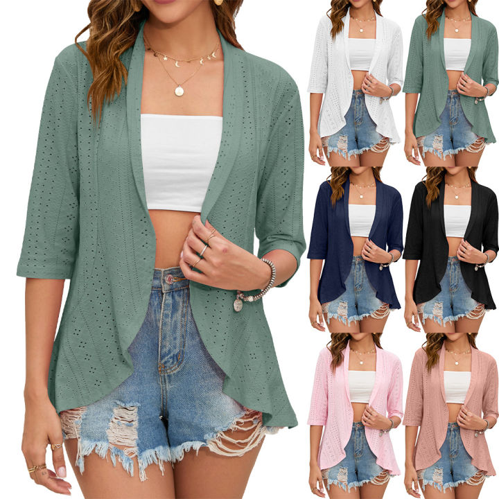 2024 Summer Fashion Ladies Hollow Out Cardigan Boho Tops Women Beach Outwear Casual Three Quarter Sleeve Sunscreen Shirt