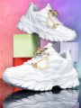 Women's Thick-Soled 5cm Height-Increasing Dad Shoes, Y2K Sweet-Cool Style, with Detachable Gold Butterfly Pearl Chain Decoration, Mesh Breathable Eva Irregular Sole, White Casual Sneakers, Trendy for Everyday Wear, Unique Design, Sweet Girl Style, Vers....