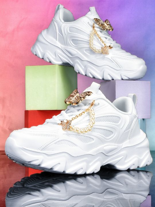 Women's Thick-Soled 5cm Height-Increasing Dad Shoes, Y2K Sweet-Cool Style, with Detachable Gold Butterfly Pearl Chain Decoration, Mesh Breathable Eva Irregular Sole, White Casual Sneakers, Trendy for Everyday Wear, Unique Design, Sweet Girl Style, Vers...