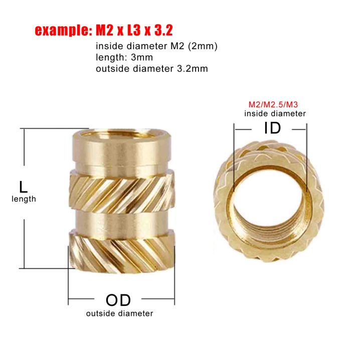 50/100pcs%20M1.6%20M2%20M2.5%20M3%20M4%20Solid%20Brass%20Copper%20Embed%20Insert%20Nut%20for%20Hot%20Melt%20Heat%20Injection%20Molding%20Double%20Twill%20Knurled%20Thread%20-%20Image%206