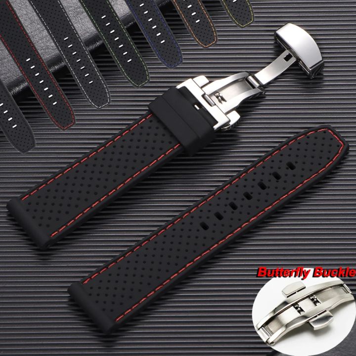 20mm 22mm Premium Silicone Watch Band Butterfly Buckle Waterproof Soft Strap Breathable Strap Replacement Universal Watch