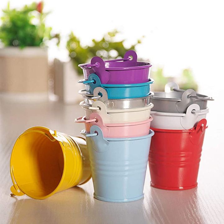 Metal Buckets with Handle Large Size - 2 Pack Colored Iron Pail, Easter Bucket and Flower Pots,Craft Supply Holders for Events,School Storage and Party Favors (Multi-Colored,