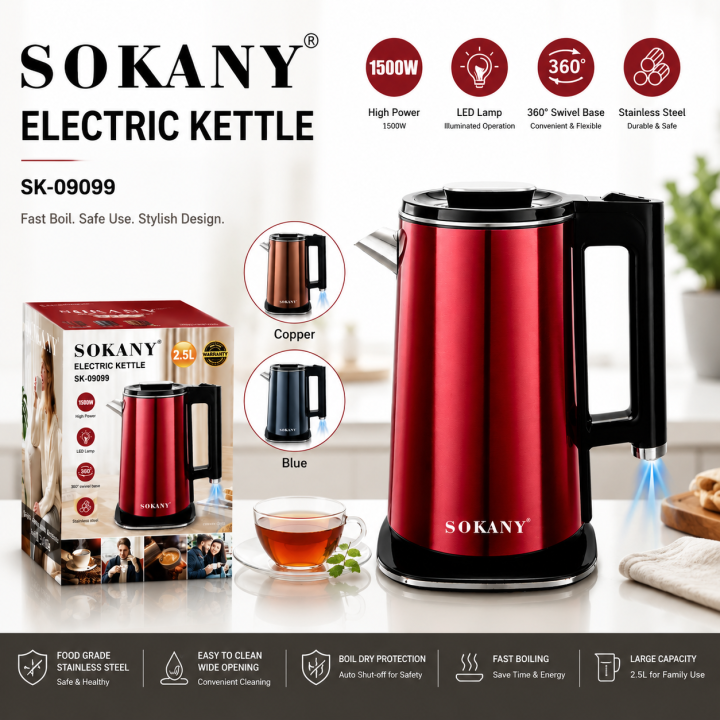 Sokany SK-09099 2.5 Liter Electric Kettle Luxurious Aesthetic Design Fast Boiling Auto Shut Off With Indicator Light New Design Household Electric Kettle