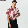 INCERUN Man Stylish Button Blouse Summer Casual Tops Masculina Fashion Striped Men's Shirts Short Sleeve Stand Collar Shirts 5XL. 