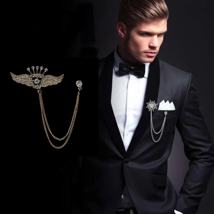 Rhinestone Brooch Crystal Tassel Chain Corsage Suit Coat Badge Lapel