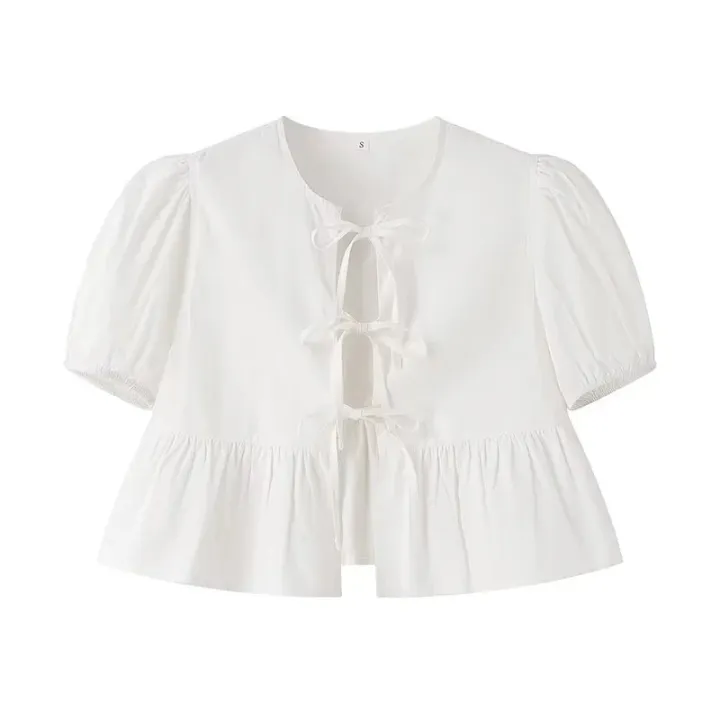 MUJER%20Ruffle%20Blouses%20Woman%20Puff%20Sleeve%20Shirts%20and%20Blouses%20for%20Women%20White%20Black%20Ruched%20Crop%20Top%20Female%20Ruched%20Women's%20Blouse%20-%20Image%204