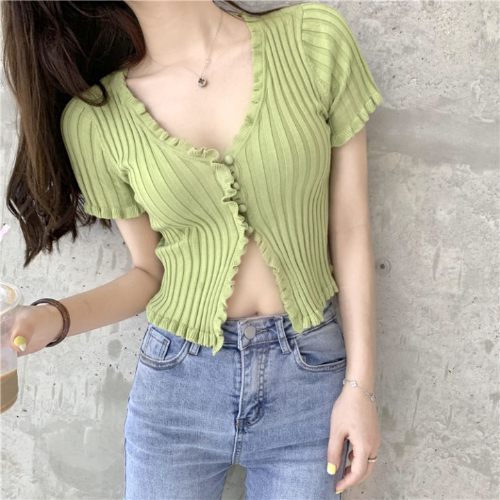 Ruffled%20Rib%20Knit%20Cardigan%20Short%20Sleeve%20Crop%20Top%20Y2K%2090s%20Button-up%20Fitted%20Shirt%20Women%20Teen-girl%20Spring%20Summer%202026%20-%20Image%202