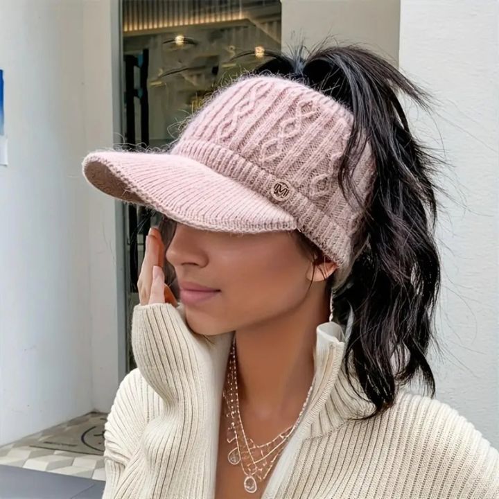 Autumn%20and%20Winter%20Woolen%20Duck%20Tongue%20Cap%20Teenage%20Fashion%20Versatile%20Hat%20Female%20Leakage%20Ponytail%20Outdoor%20Padded%20Warm%20Knitted%20Cap%20-%20Image%202