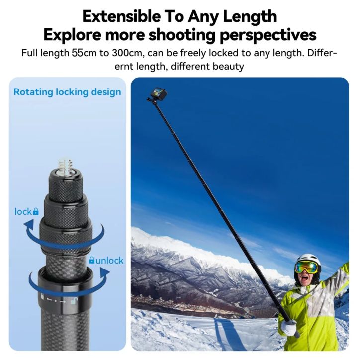 VIKEFON%203M%20Carbon%20Fiber%20Selfie%20Stick%20Aluminum%20Alloy%20Selfie%20Stick%20for%20Insta360%20X3/ONE%20X2%20/%20RS%20for%20%20Hero%2011%2010%209%208%20%20Action%20-%20Image%204