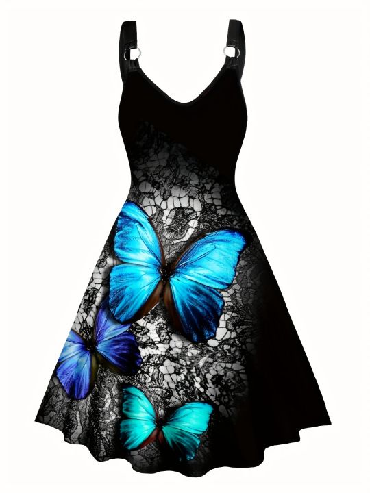 European and American Fashion Plus Size Women's Spring and Summer New Butterfly Print V-Neck Dress Sleeveless A-Line Camisole Dr