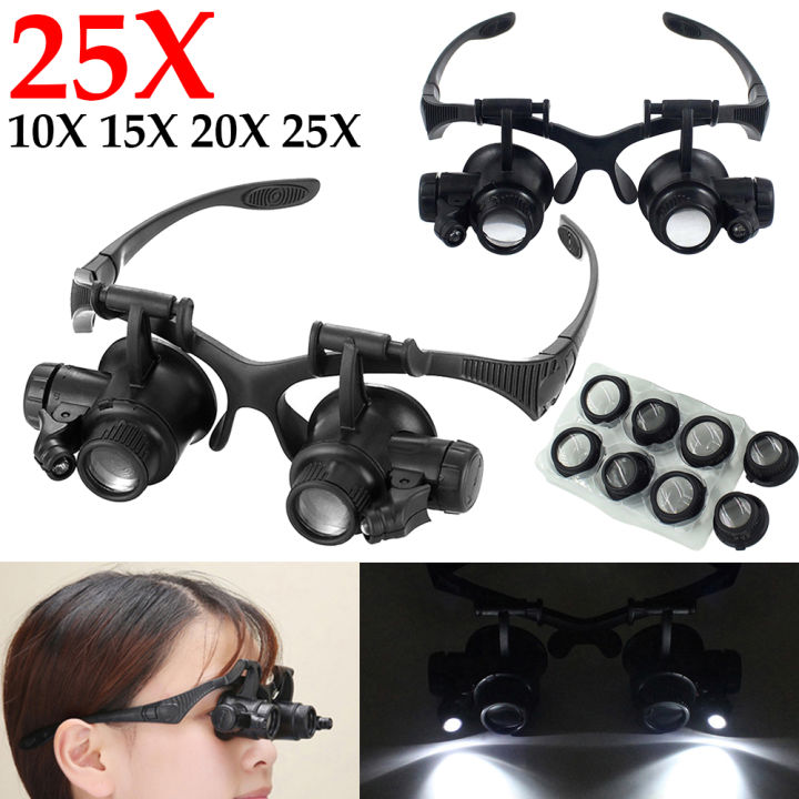 Magnifying Glass 10X/15X/20X/25X Jeweler Watchmaker With LED Light Telescopic Headband Magnifier Glasses Reading Loupes Eyewear