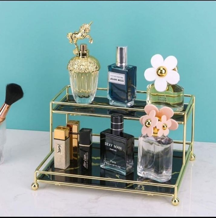 Makeup Organizer, 2-Tier Glass Vanity Tray for Perfume, Makeup and Toiletries, Wire Bathroom Cosmetic Shelf for Dresser, Countertop and More