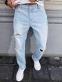 Men's Light Blue Ripped Jeans for Spring and Autumn. Casual Denim Trousers. Street Ripped Daily Casual. 