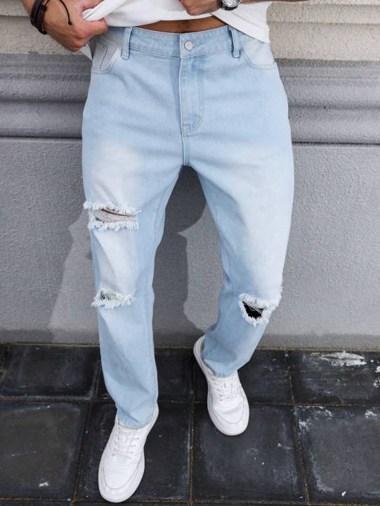 Men's Light Blue Ripped Jeans for Spring and Autumn. Casual Denim Trousers. Street Ripped Daily Casual