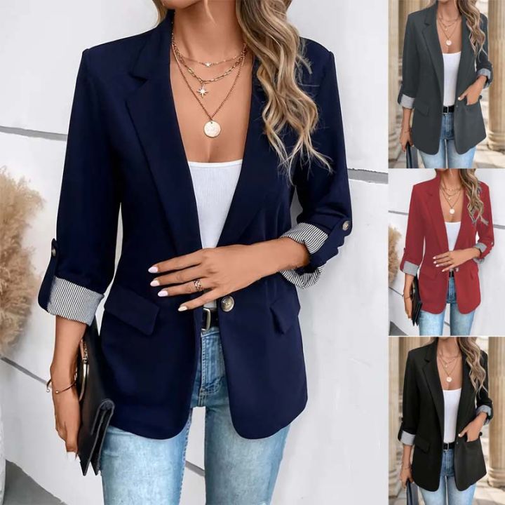 2025%20Women's%20Slim%20Fit%20Casual%20Button%20Blazer%20European%20Style%20Roll%20Up%207-Pt%20Sleeve%20Trendy%20Suit%20Jacket%20-%20Image%206