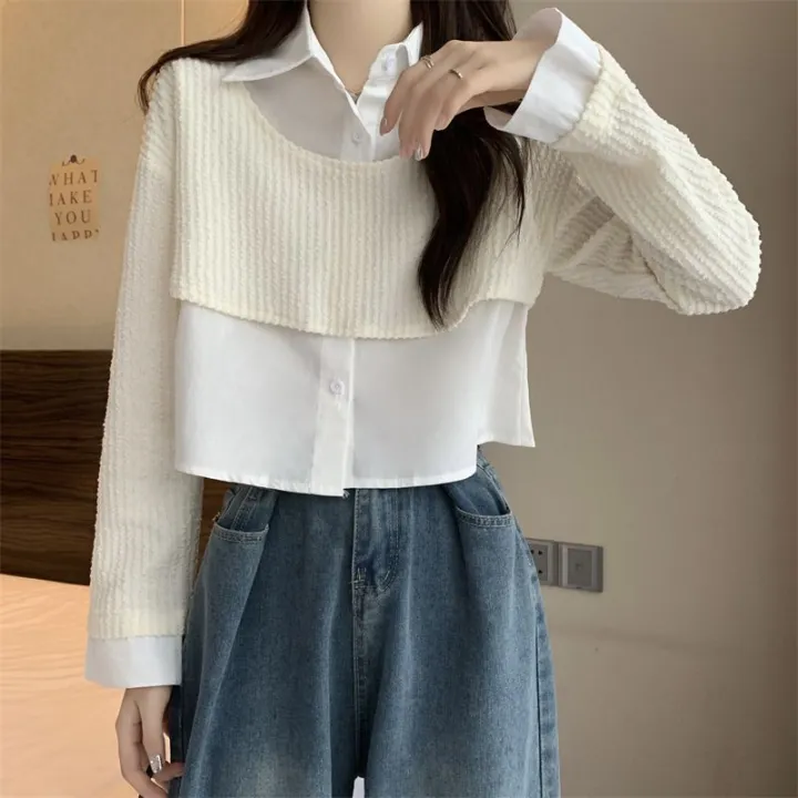 Fake%202%20Pcs%20Shirts%20Long%20Sleeve%20Patchwork%20Tender%20Girl%20Crop%20Tops%20Camisas%20Ropa%20Mujer%20All-match%20Spring%20Clothing%20-%20Image%203