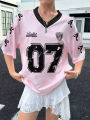 New Women's No.7 Letters Printed V-Neck Short Sleeve Summer Soccer Jersey Loose Casual Sports Women's T-Shirt Short Sleeve. 
