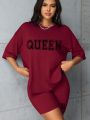 Plus Size Fashionable All-Match Shorts Short-Sleeved Suit Queen Letter Print Simple and Comfortable Two-Piece Suit 2024 New.