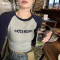 Patchwork Long Sleeve Tshirt Women Embroidery Crop Top Femal. 
