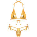 Womens Metallic Shiny Lacing Bikini Swimsuit Non-Padded Triangle Cup Bra Top with G-String Biquini Set - Golden.
