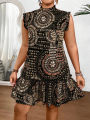 Plus Size 2025 Summer New Women's Elegant Slim Fit Short Sleeve Dress - Black Gold and Red Paisley Print Ruched Hem Round Neck. 
