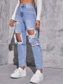 American Retro Hole-punched Jeans Women High Waist Straight-crotch Loose Slim Design High-street Vibe Wide-legged Dragging Pants. 