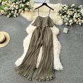 Vacation Loose Jumpsuit Strap Backless Thin Romper Streetwear Women INS One-Piece Outfit Beach Style Pleated Bodysuits.