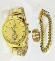 PACK OF 3/MEN'S FASHION WEDDING DEAL -FASHION HIGH QUALITY GOLDEN LUXURIES STAINLESS STEEL ROUND DIAL WITH STAINLESS STEEL STRAPS WATCH WITH GOLDEN CHAIN BRACLET WITH TITANIUM STAINLESS STEEL GOLDEN RING FOR MEN AND BOYS. 