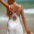 2024 New Handmade Short Bohemian Dress For Women with Sling Biquinis Cover Ups Crochet Bikini Cover-Ups Solid Patchwork Swimsuit. 