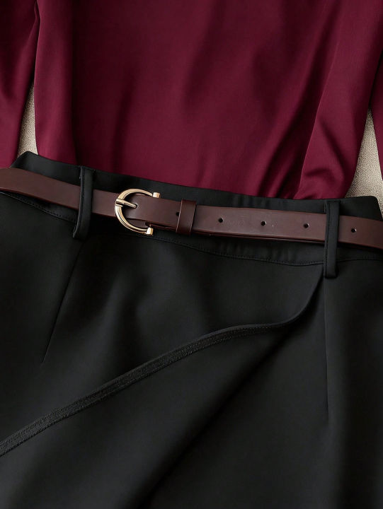 Women's%20Burgundy%20Off-Shoulder%20Long%20Sleeve%20Top%20&%20Black%20Skort%20Set,%20Elegant%20Boss%20Lady%20Style%20Slimming%20Two-Piece%20Outfit%20-%20Image%203