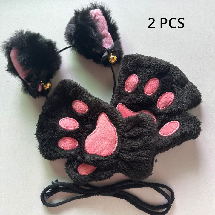 2Pcs Sets Cat Paw Gloves Winter Cute Cartoon Girl Open Finger Gloves