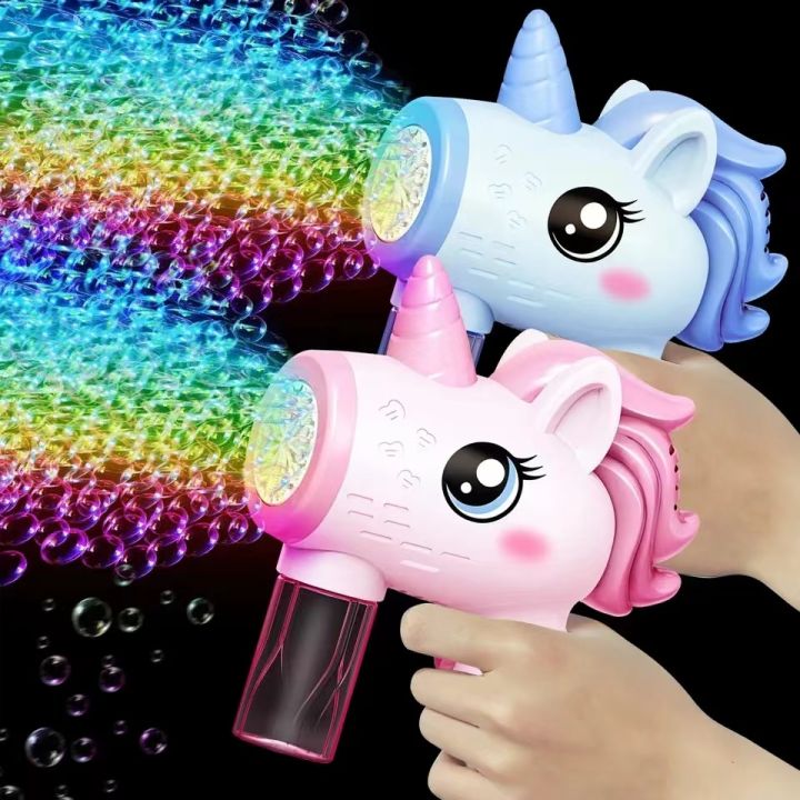 Unicorn children's electric bubble gun, toy bubble machine, automatic soap blowing machine with lights, outdoor party game, new