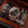 5PCS Set Fashion Mens Sports Bracelet Watches For Men Retro Big Dial Quartz Wrist Watch Classic Casual Brown Mens Leather Watch. 