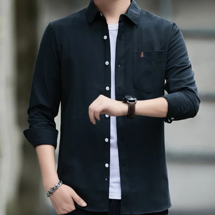 New Four Seasons Men's Shirt Long Sleeve Black Blue White Cotton General T Shirt Youth Business Men Oxford Long Sleeve Shirt