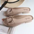 Women's Summer PVC Half Slippers Fashion Square Buckle Casual Chunky Heels Wear Flat Sandals. 
